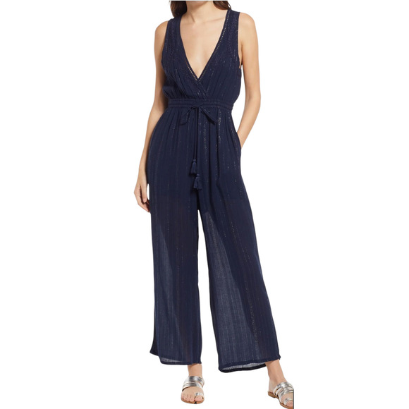 Raga Dusk Till Dawn Jumpsuit Striped Embroidered Surplice V Neck Blue Gold XS - Picture 1 of 11